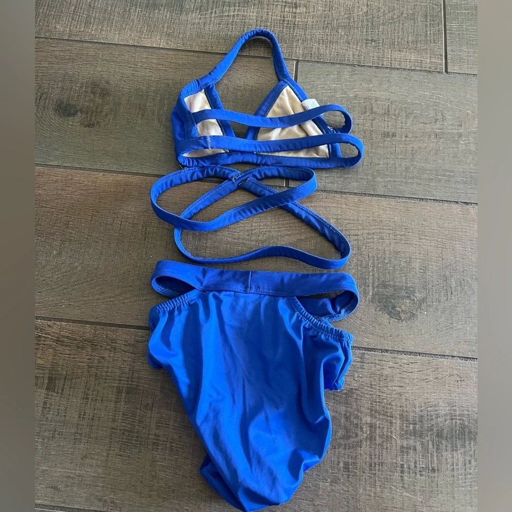 Second Skin Cheyenne Set Royal Blue Dance Costume with Criss-Cross Straps Girls - Picture 3 of 6